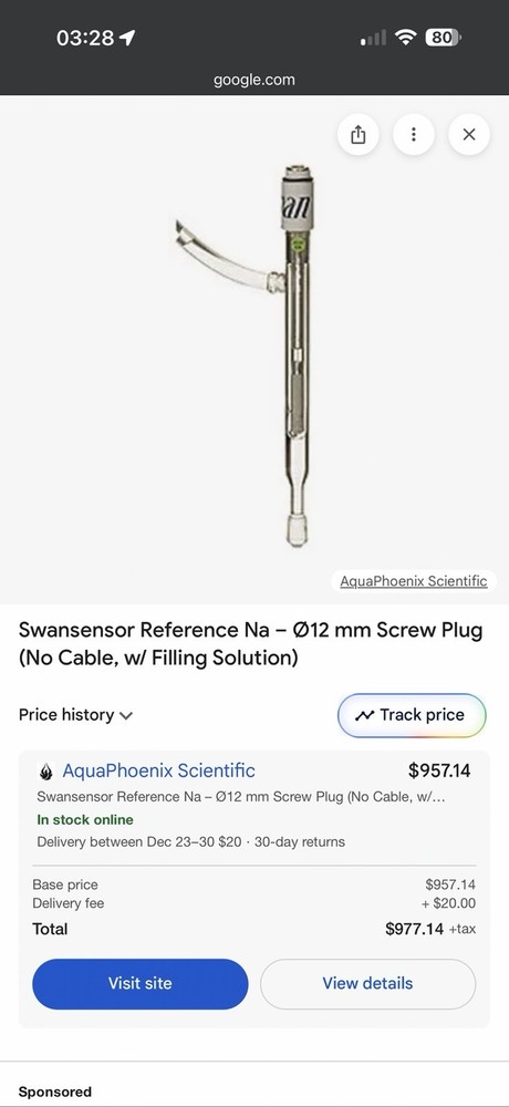 Swan  Sodium Reference Electrode.  Great Price! Never opened.  NOS