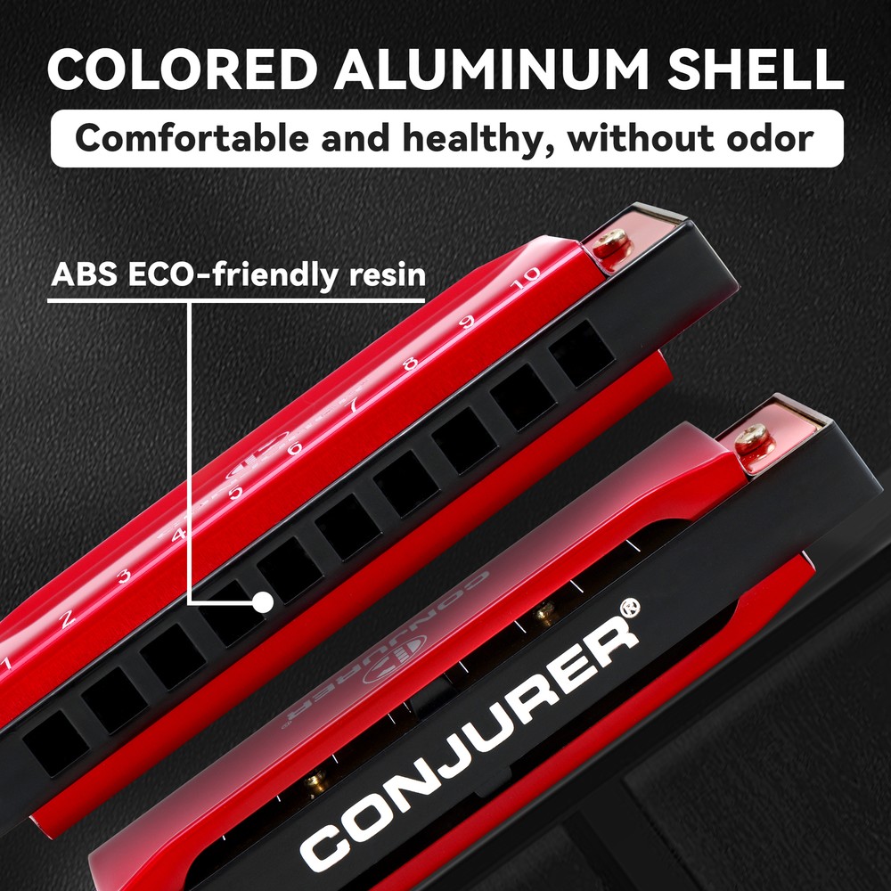 CONJURER Blues Harmonica for Beginners 10 Hole Diatonic Harmonica Key C Red US