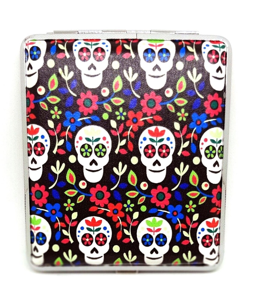 RYO Multiple Sugar Skulls Silver Framed PU Leather 100s Size Cigarette Case