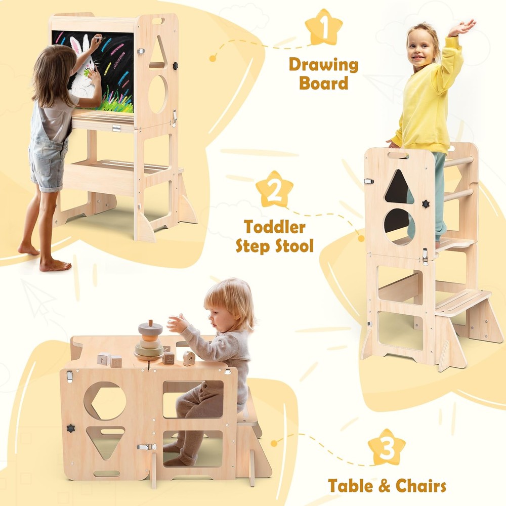 Foldable Toddler Kitchen Step Stool Learning Tower with Blackboard