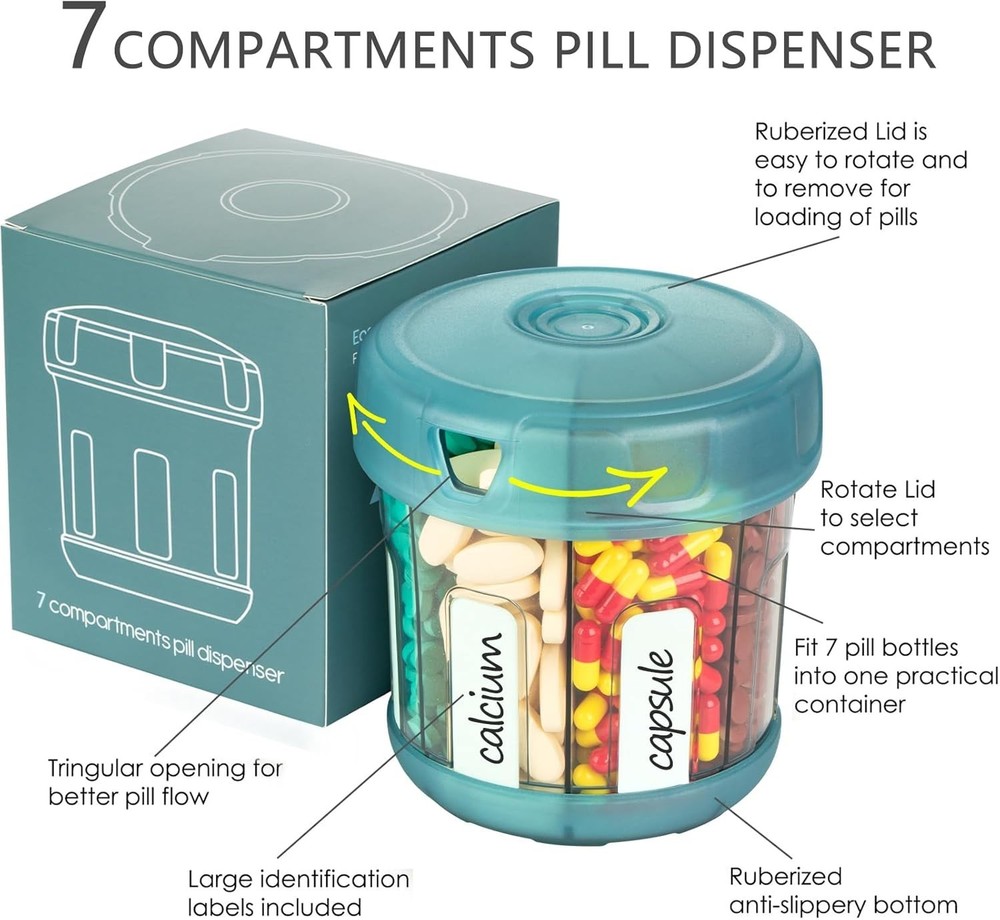 Extra Large Supplement Organizer with XL 7 Large Compartments, TPU Soft Lid E...