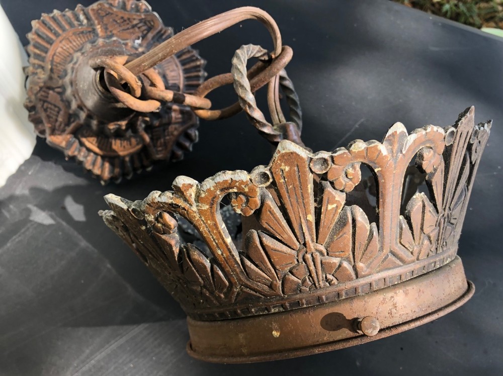 Antique CEILING Hanging Light Fixture WHITE PATTERN GLASS SHADE copper brass