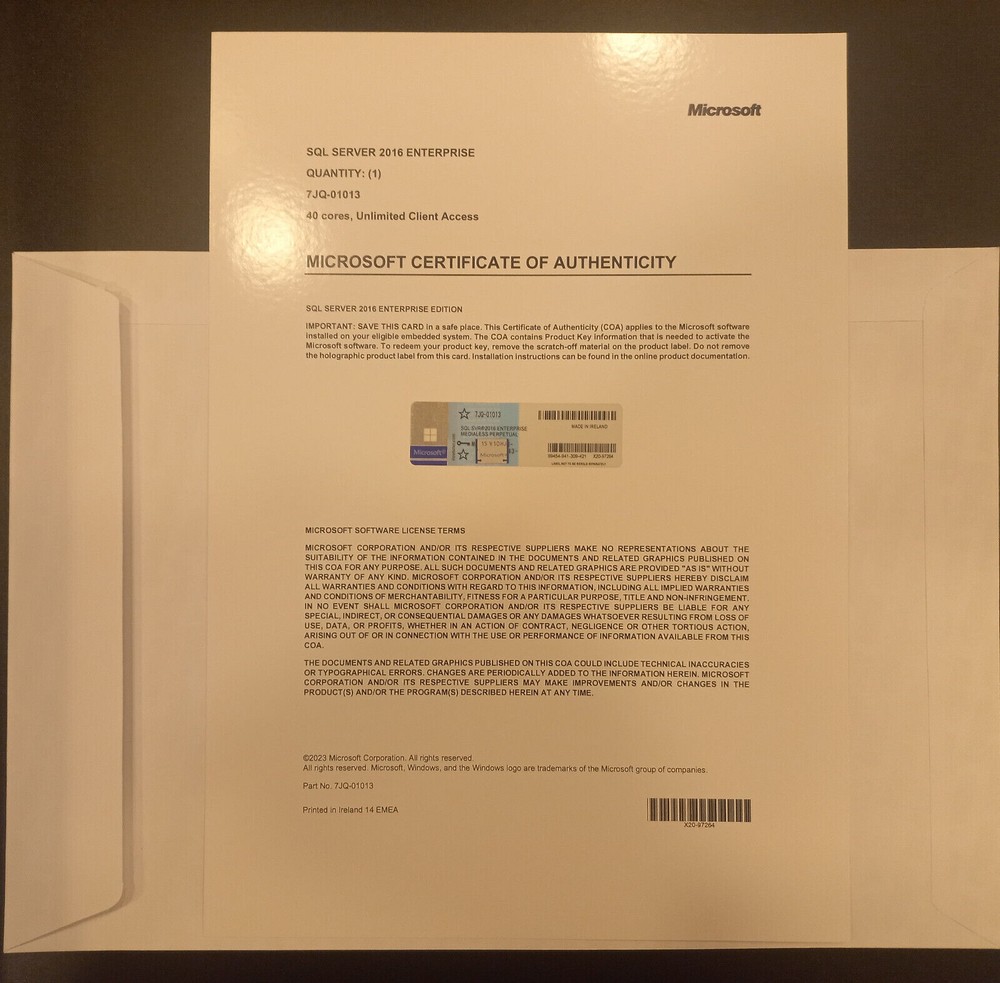 SQL Server 2016 ENTERPRISE 40 Core License Unlimited User CALs CoA Genuine Label