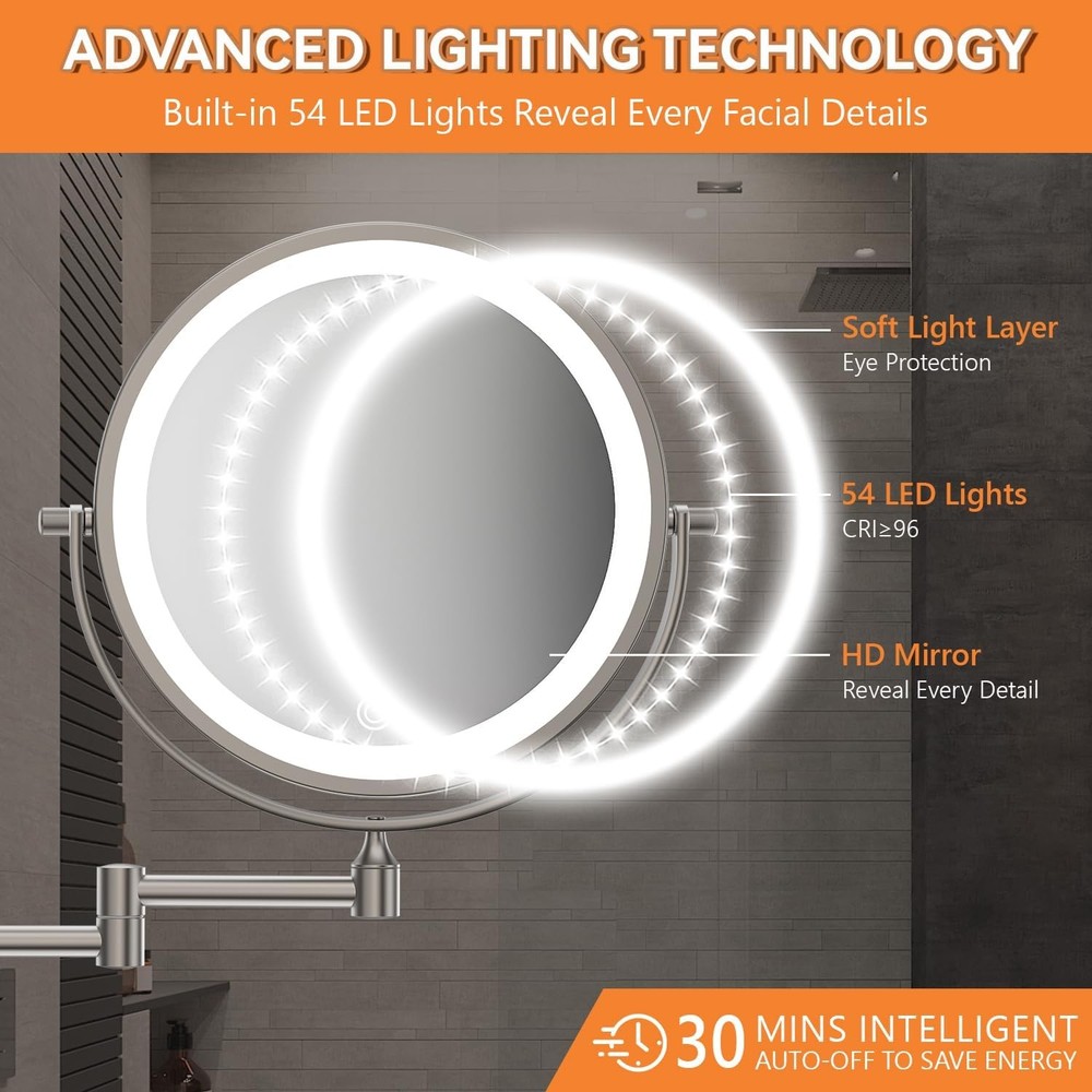 1X/20X Wall Mounted Makeup Mirror with Light 8 Double-Sided Magnifying Mirror