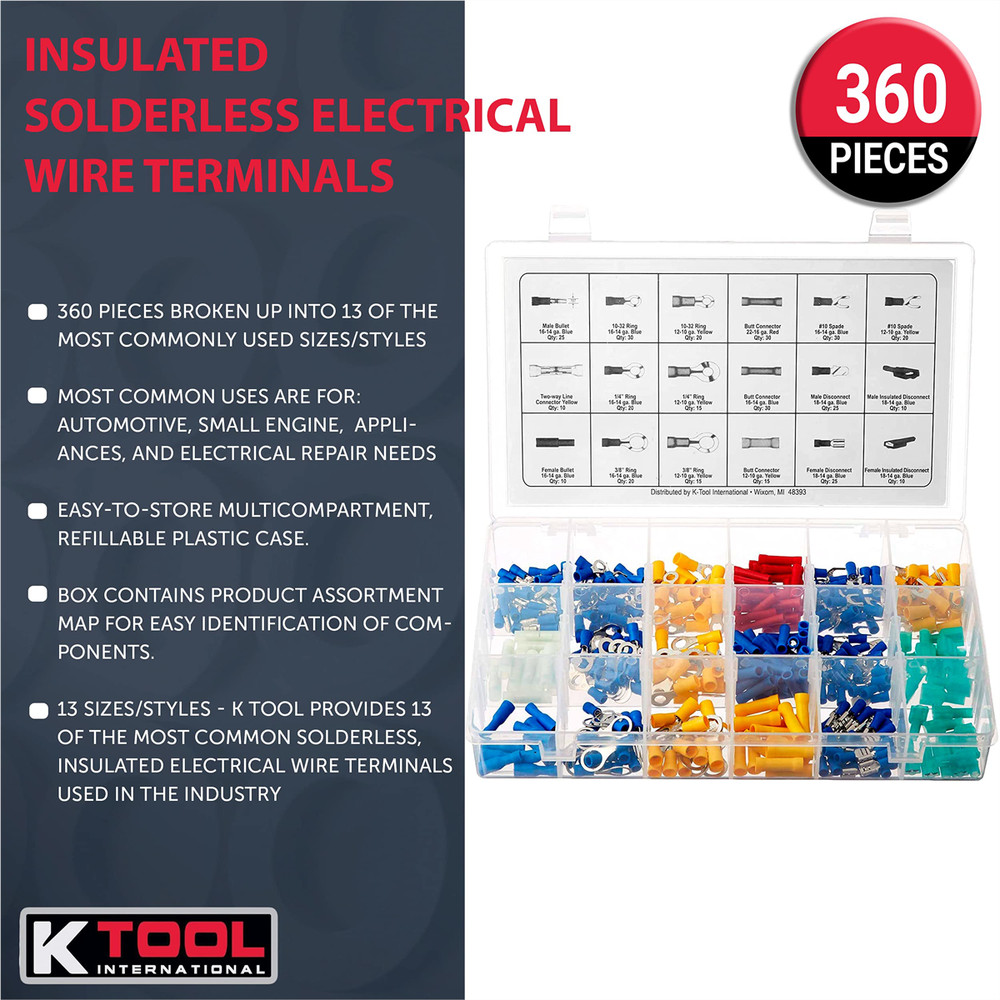 K-Tool 87 360pc Insulated Solderless Electrical Wire Terminals
