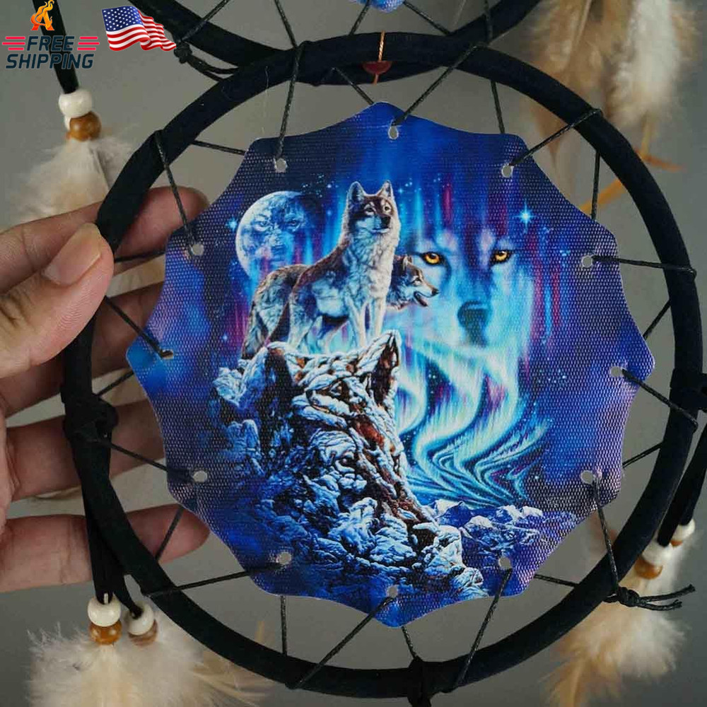 Remorelt Wolf Dream Catchers，3-Layer Circle Wall Hanging with Different Wolf Art