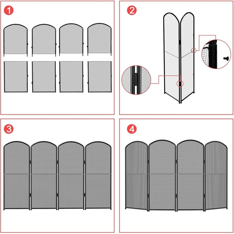 4 Panel Fireplace Screen Foldable Protective Metal Mesh Spark Guard Stand New