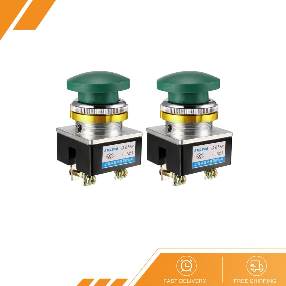 2 x Push Bottom Switch Green Momentary AC 380V 5A Pushbutton 30mm Panel Mount