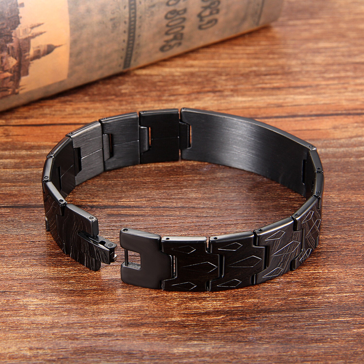 Men Black Stainless Steel Christ Cross English Bible Lords Prayer Chain Bracelet