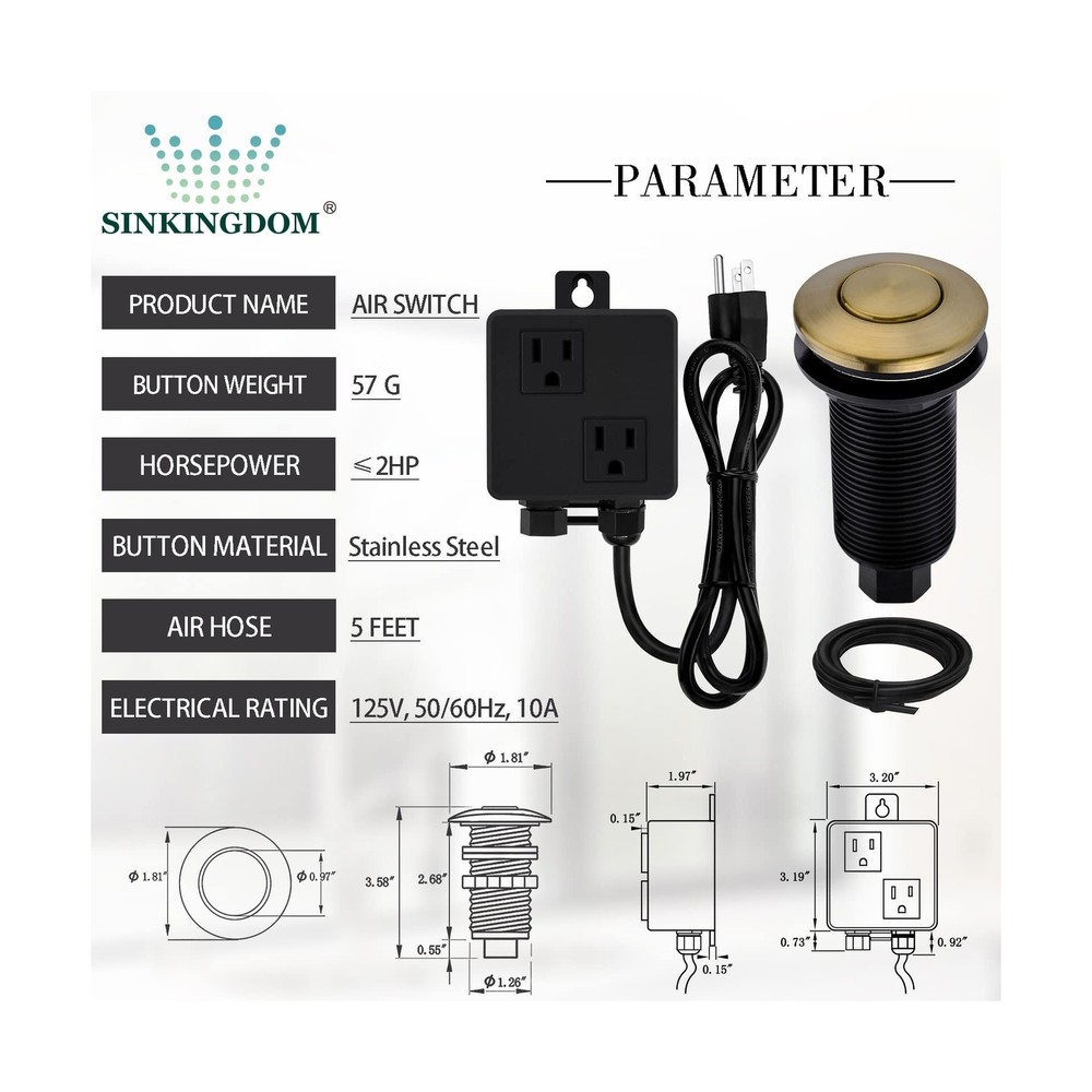 SINKINGDOM SinkTop Garbage Disposal Air Switch Kit with Long Button, Champagn...