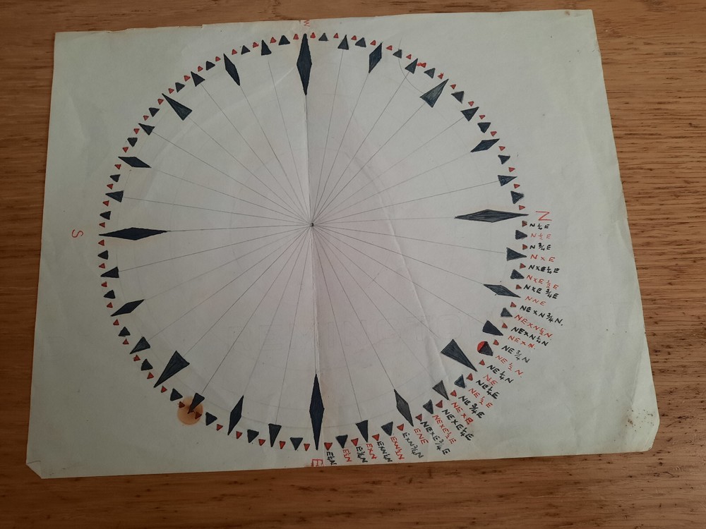 Hand-drawn Mariner’s Compass from 1930s. CS Faraday Cable Laying Ship. Shipping