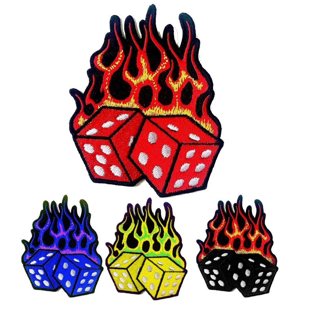 Flaming Dice Embroidered Patch Iron-On Biker Hot Badge