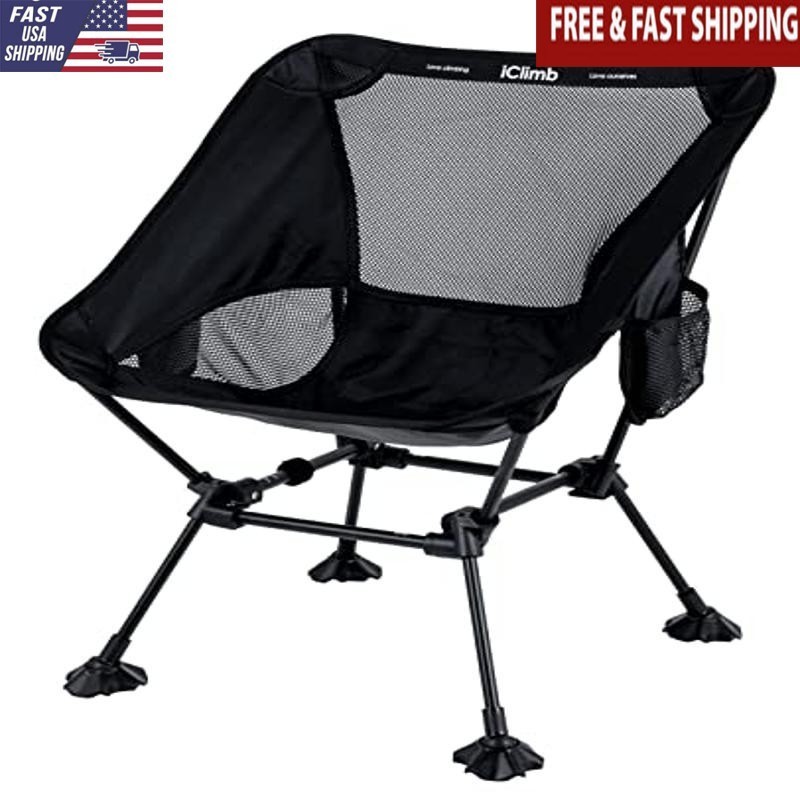 Ultralight Camping Chair W/ Stable Frame & Back Support Black Portable & Durable