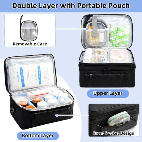 Medicine Bag for Traveling with Portable Small Pouch, Double Layer Pill Black