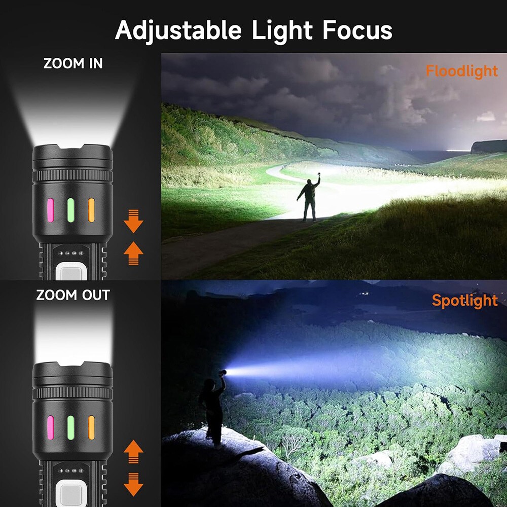 Super Bright P50 LED Tactical Flashlight with COB Side Light 5 Modes Zoomable