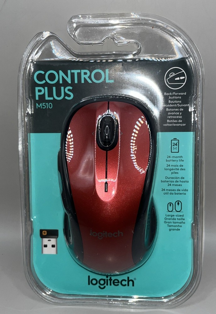 Logitech M510 Control Plus Wireless Mouse USB Optical Ergo-Red-Factory Sealed