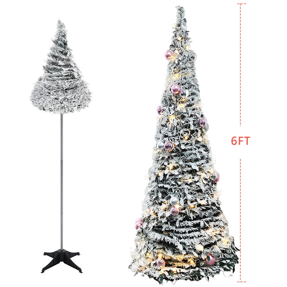6FT Pre-Lit Flocked Fully Decorated Pull Up Christmas Tree Collapsible Xmas Tree