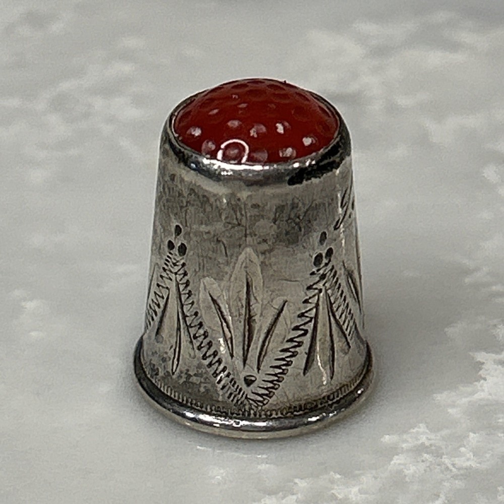 Antique Red Glass Stone Top Etched 830 Silver Thimble w/ Initials