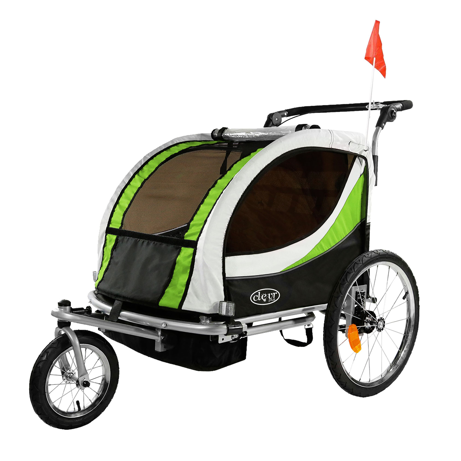 ClevrPlus Deluxe 3-in-1 Double Seat Bike Trailer Stroller Jogger for Kids, Green