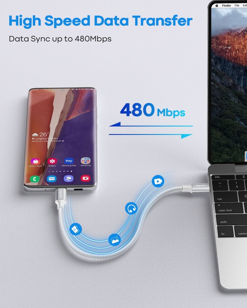 etguuds White USB C to C Cable 1ft, 2-Pack 60W USBC