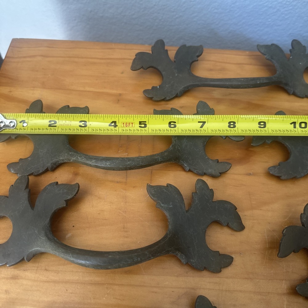 Set 9 Antique Brass Leaf Drawer Pull Handles 8” RARE