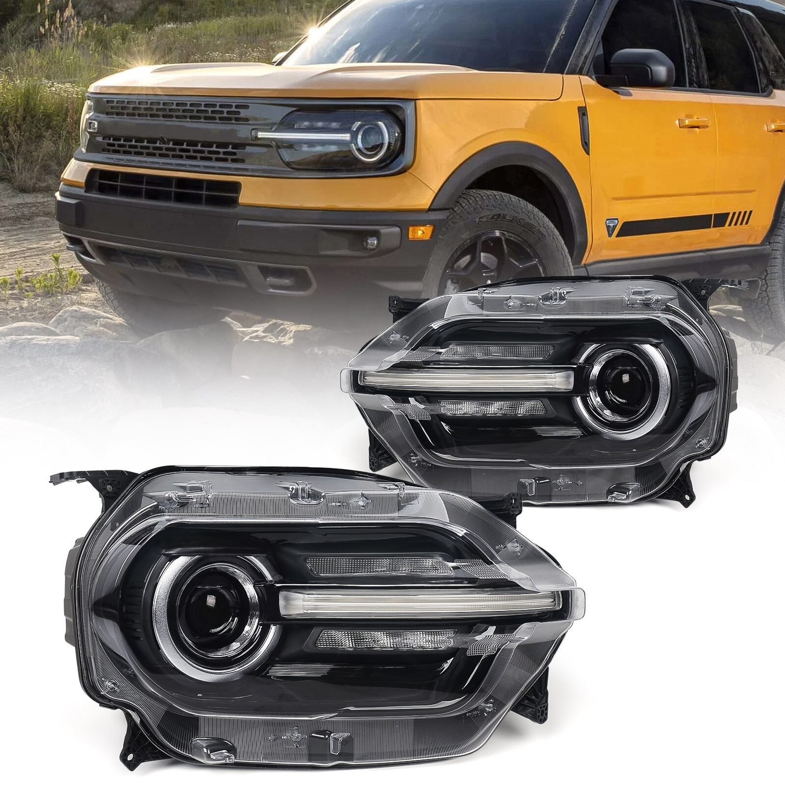 Pair For 2021-2023 Ford Bronco Sport Led Chrome Headlights Non-HALO Lamp LH+RH