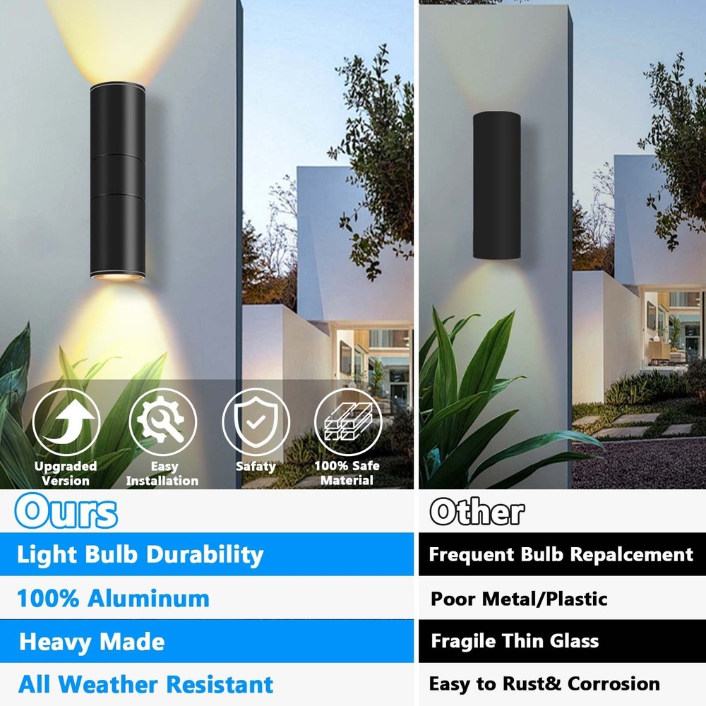 2-Pack Dimmable Black LED Up Down Outdoor Wall Light,Energy-Saving Waterproof