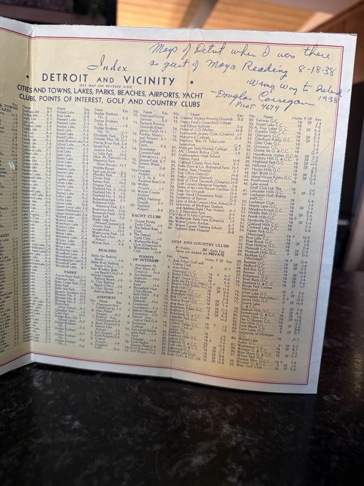 1938 Douglas "Wrong Way" Corrigan Signed Detroit Shell Map Aviation Autograph