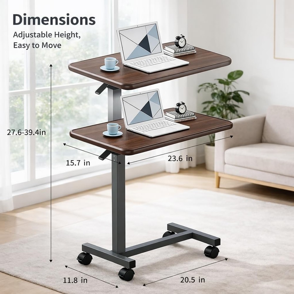 Adjustable Overbed Table W/ Wheels Pneumatic Height Lift Rolling Bedside Table