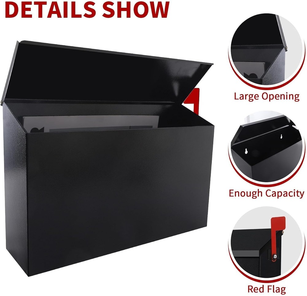 Wall-Mount Metal Mailbox with Flag | Large Rust-Proof Outdoor Post Box, Black
