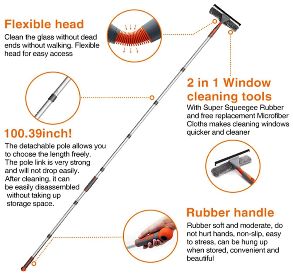 Squeegee Window Cleaner Baban 2 in 1 Window Cleaning Tool Extension Pole 100''