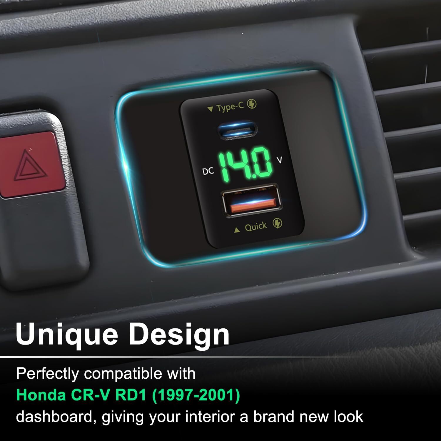 Clock Substitute with Voltmeter and USB Fast Charger for 1997-2001 Honda CR-V