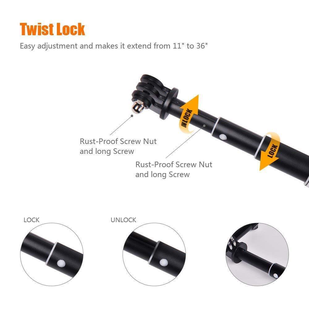 36" Selfie Stick Hand Grip Extension Pole for GoPro Hero 10 9 8 7 6 5 4 3+ 3 2 1