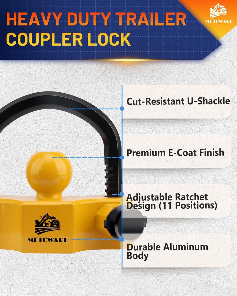 METOWARE Universal Trailer Coupler Lock, Adjustable 1 PACK, YELLOW-BLACK