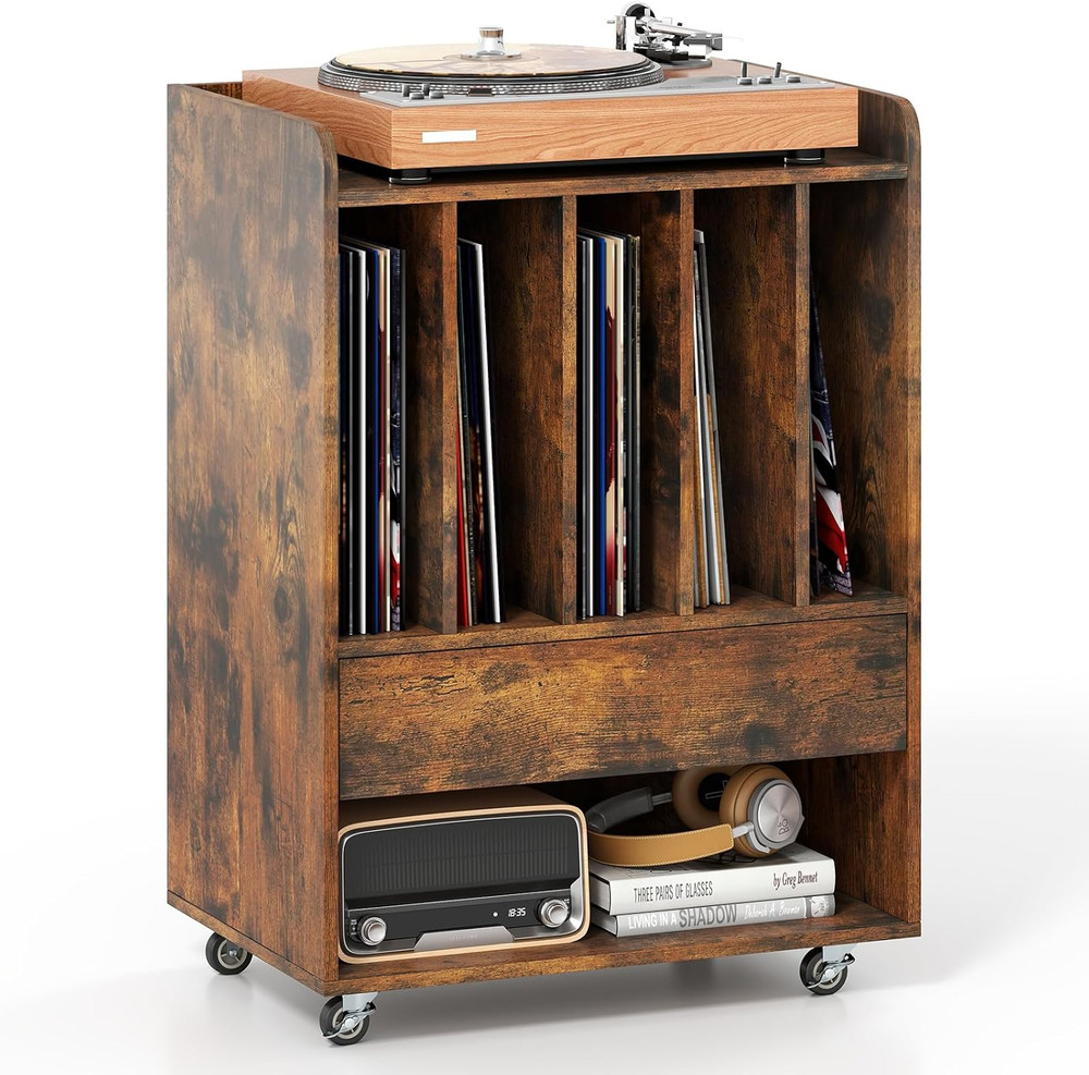 Record Player Stand, Rolling Turntable Stand with Drawer & Lockable Wheels, Reco