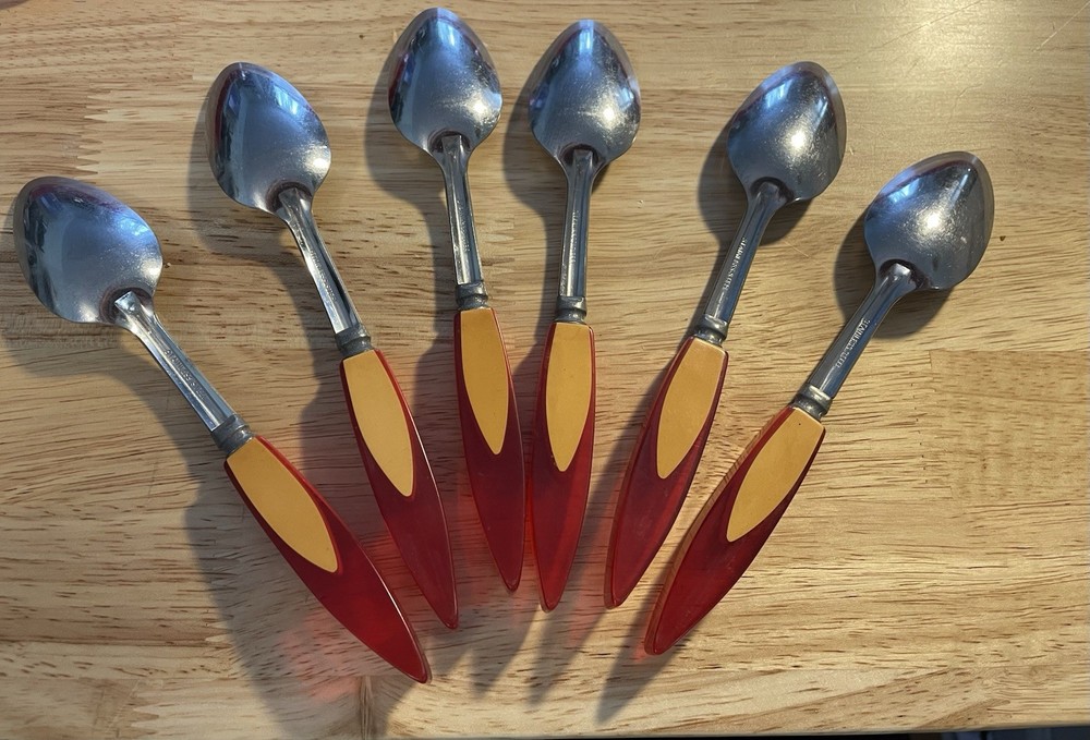 Bakelite Catalin Inlaid Teardrop Cherry Red Butterscotch Flatware 24 pc