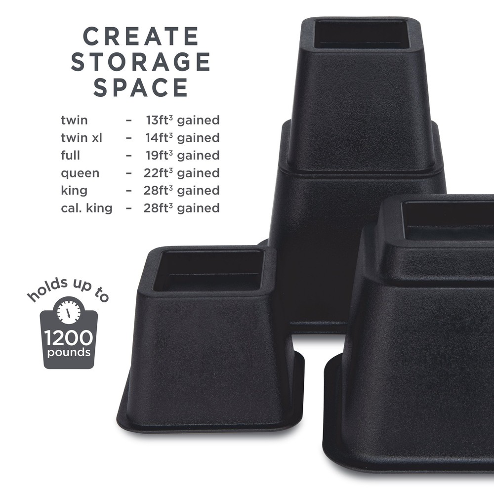 8 Piece Plastic Adjustable 3", 5", or 8" Bed Risers Set, 4.5" x 4.5", Black