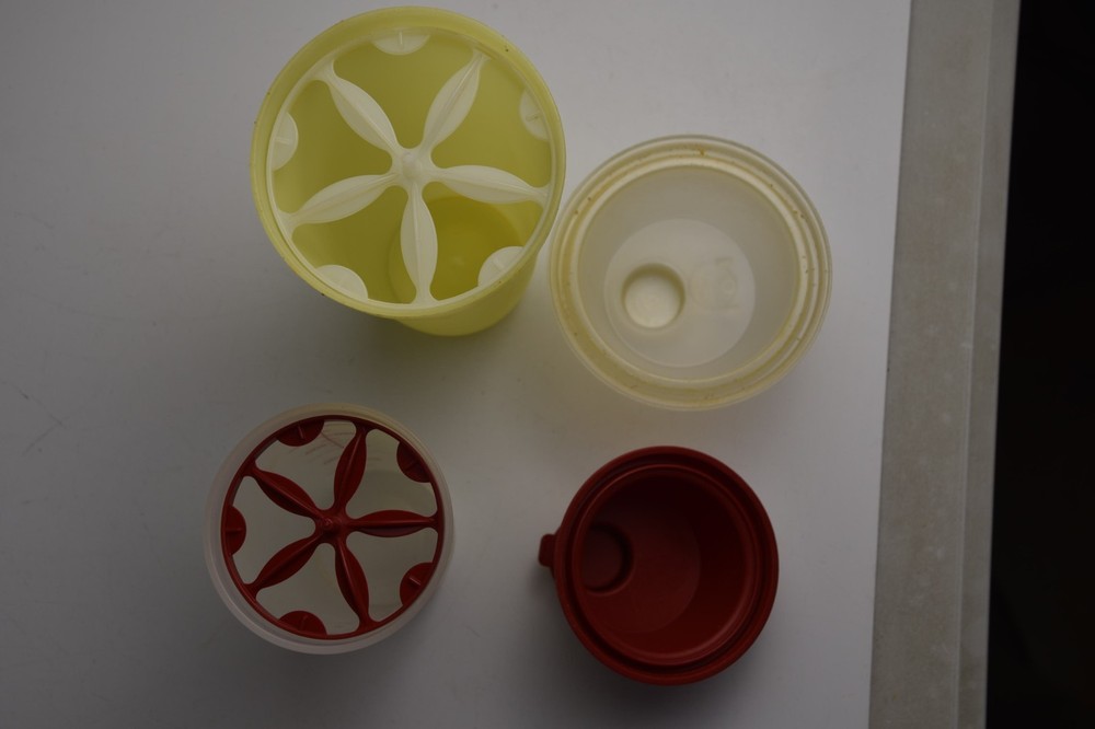 2 Tupperware Shake N Go Containers Collectible Plastic Workout Lidded & Inserts
