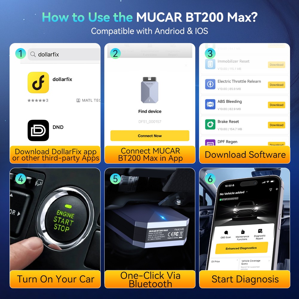 MUCAR BT200 MAX Car All System AI Diagnostic Tool 15 Reset OBD2 Scan Code Reader