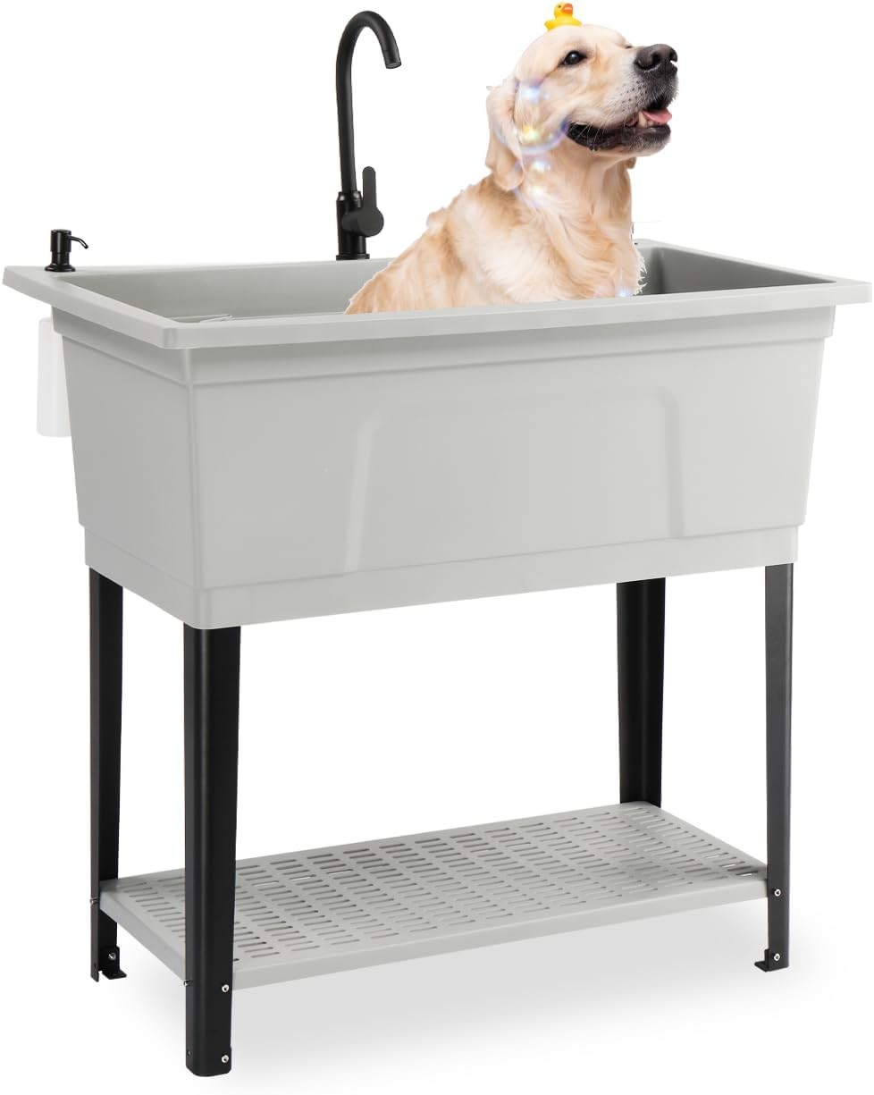 37-Gallon Plastic Utility Sink with Faucet, 36" Heightened Basin & Storage Shelf
