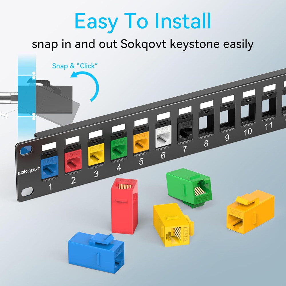 12 Port Mini Blank Keystone Patch Panel with Snap-In Design, Cat6 Network Patch