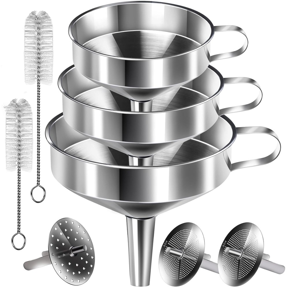 Stainless Steel Funnel Set 3PCS Large Kitchen Tool with Strainers & Brushes