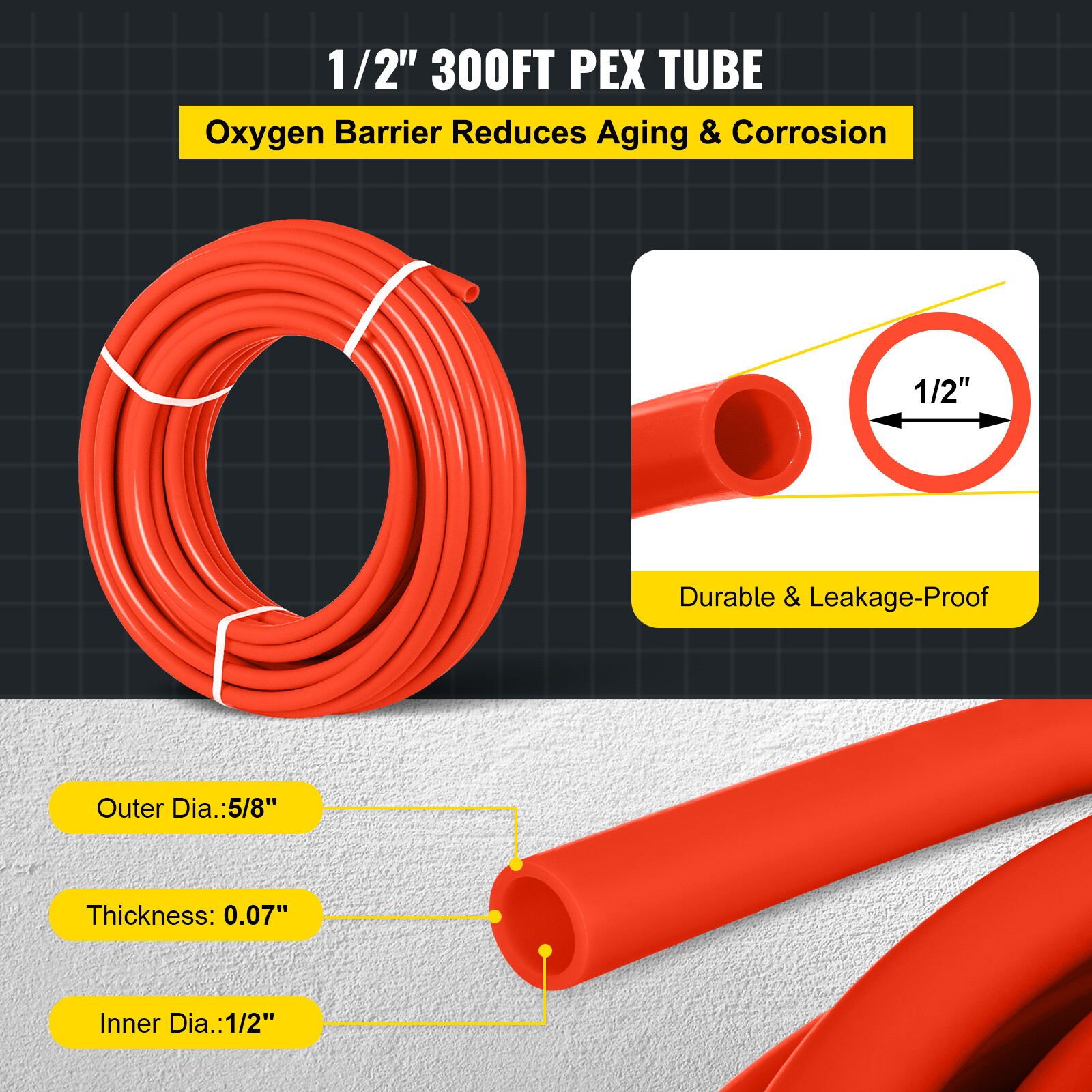 VEVOR 1/2"x300ft Pex Tubing Oxygen Barrier Red Pex-B Pipe Htg/Plbg/Potable Water