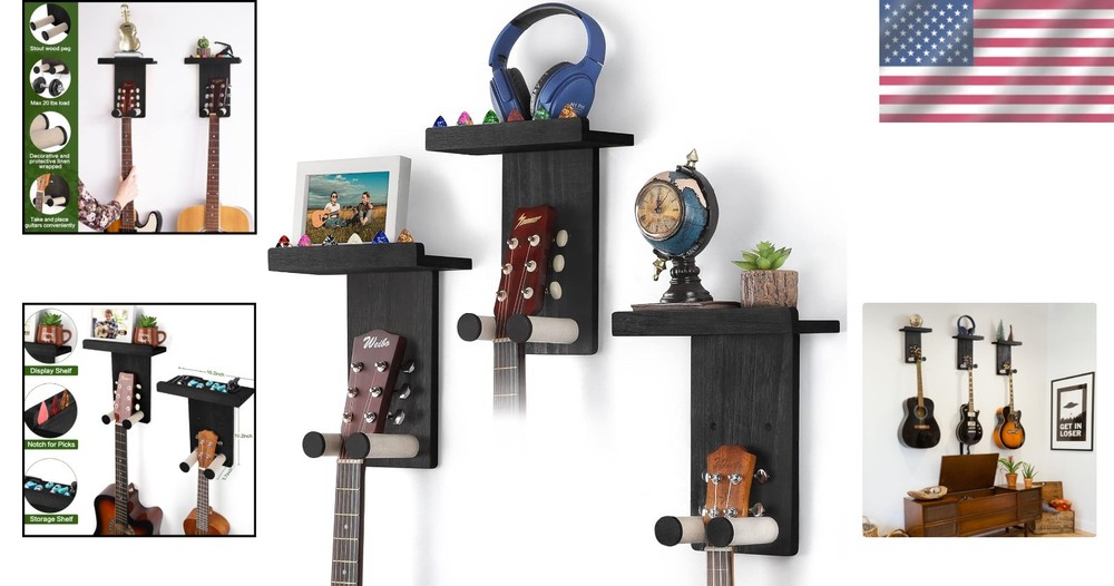 Rustic Wood Guitar Wall Mount 3-Pack - Matte Black
