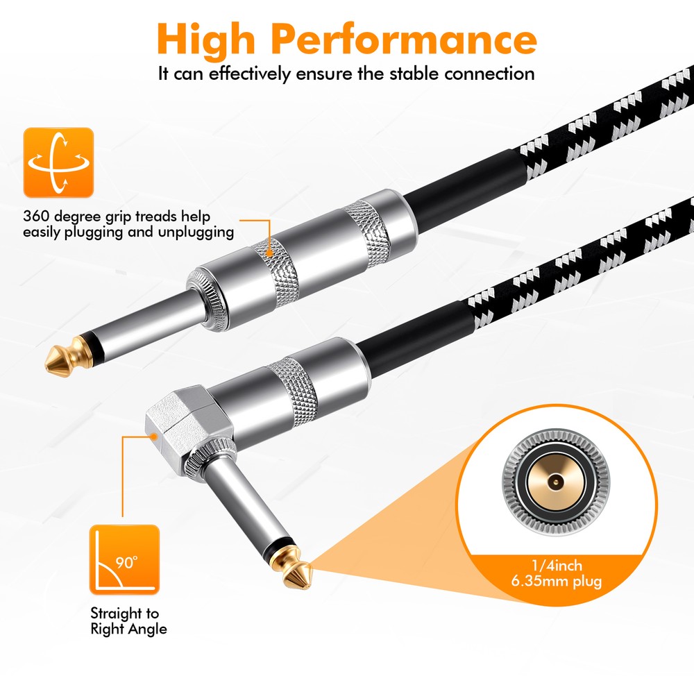 2 Pack 20ft Electric Patch Cord Guitar Amplifier Amp Cable Right Angle 90 Degree
