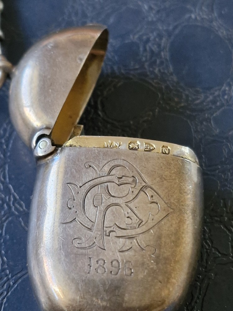Victorian 1896 Solid Silver Vesta Case,Chester Hallmarked,William Neale + Chain.