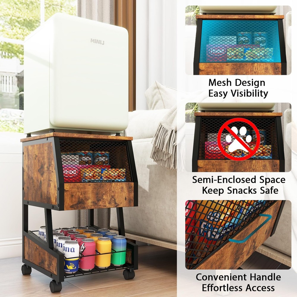 Compact Refrigerator Stand with Beverage Storage and Wheels Rolling Personal ...