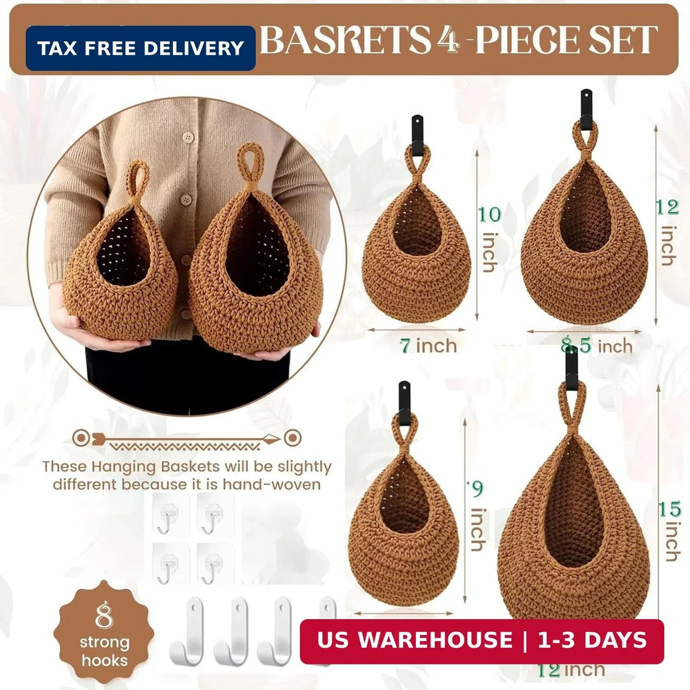 4 Pack Hanging Fruit Baskets for Kitchen-Boho Wall Hanging Basket with 8 Pcs Str