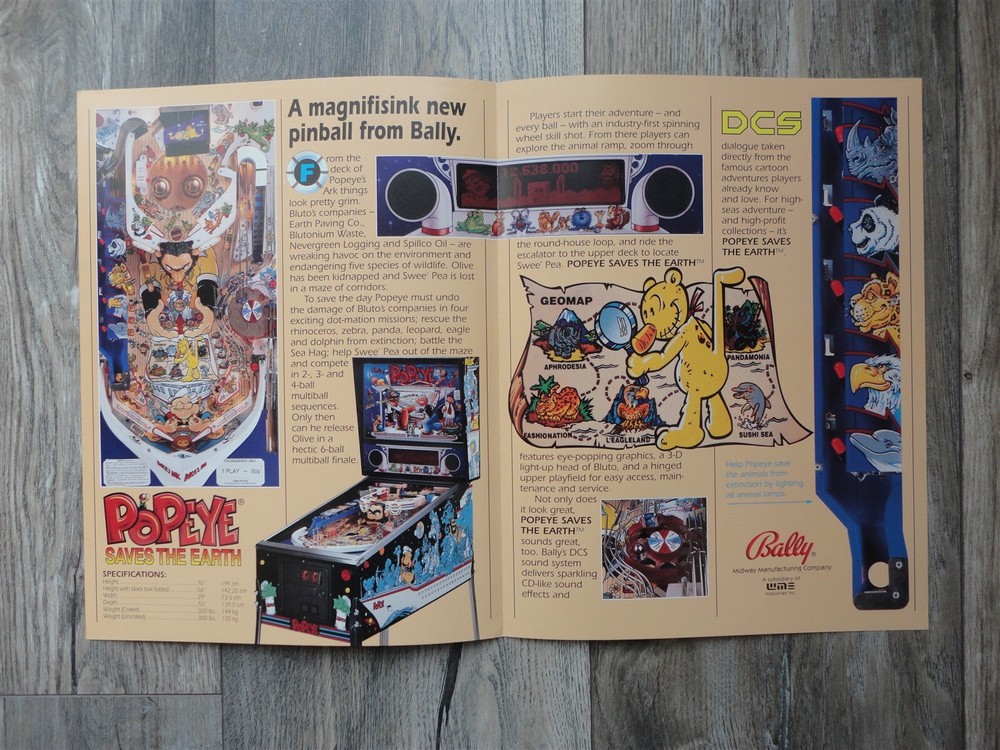 Popeye Pinball Machine Flyer / Bally Original Brochure