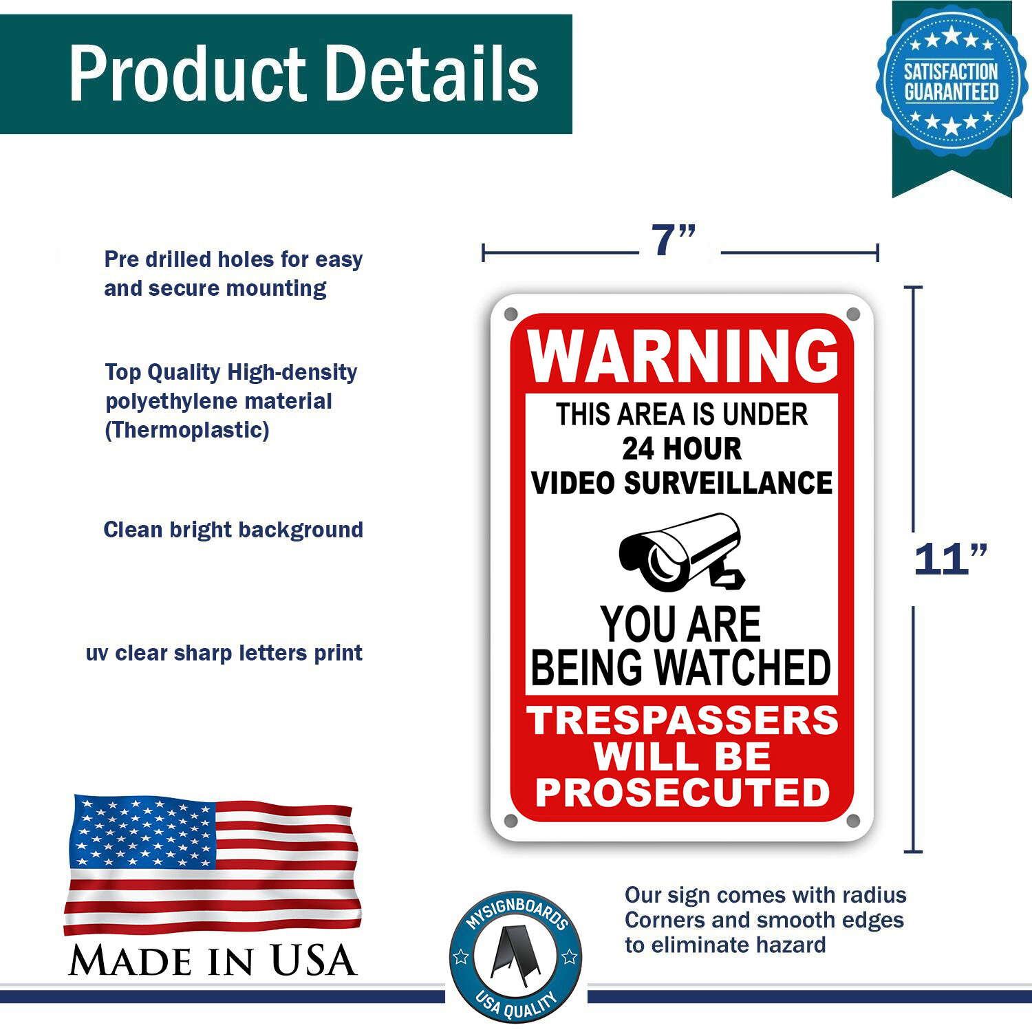 Warning Under 24 Hour Video Surveillance Sign Home Yard Security cctv WATCH 7x11